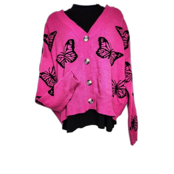 Runway Sweaters - Y2K Runway Pink Butterfly Oversized Sweater Intarsia Knit Pullover Cute Sz. M